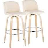 Toriano 30" Swivel Bar Stool in Natural Wood & Cream Leatherette with Chrome Footrest (Set of 2)